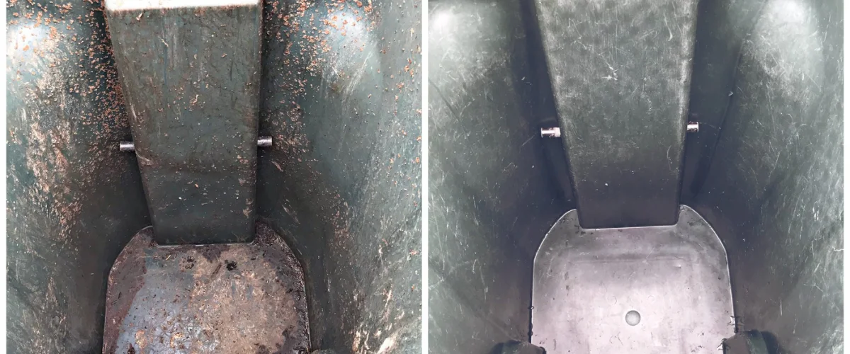A split image showing the inside of a dirty green bin on the left, full of debris, and a clean green bin on the right.