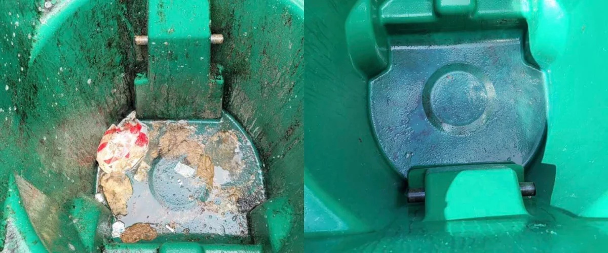 A split image showing the inside of a green bin, dirty and filled with debris on the left, and clean on the right.