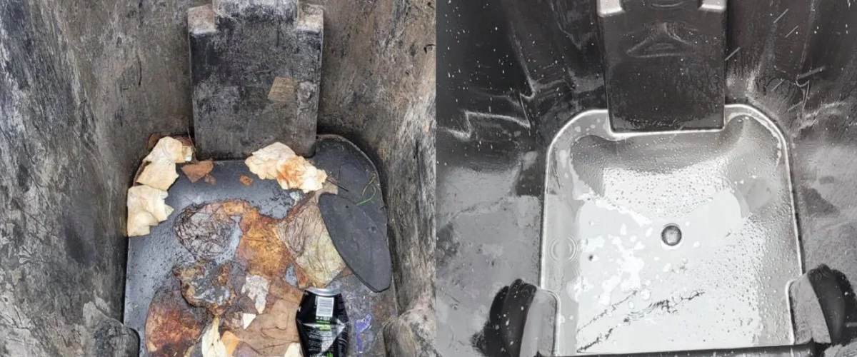 A split image shows a dirty, trash-filled truck bed on the left and a clean, washed truck bed on the right.