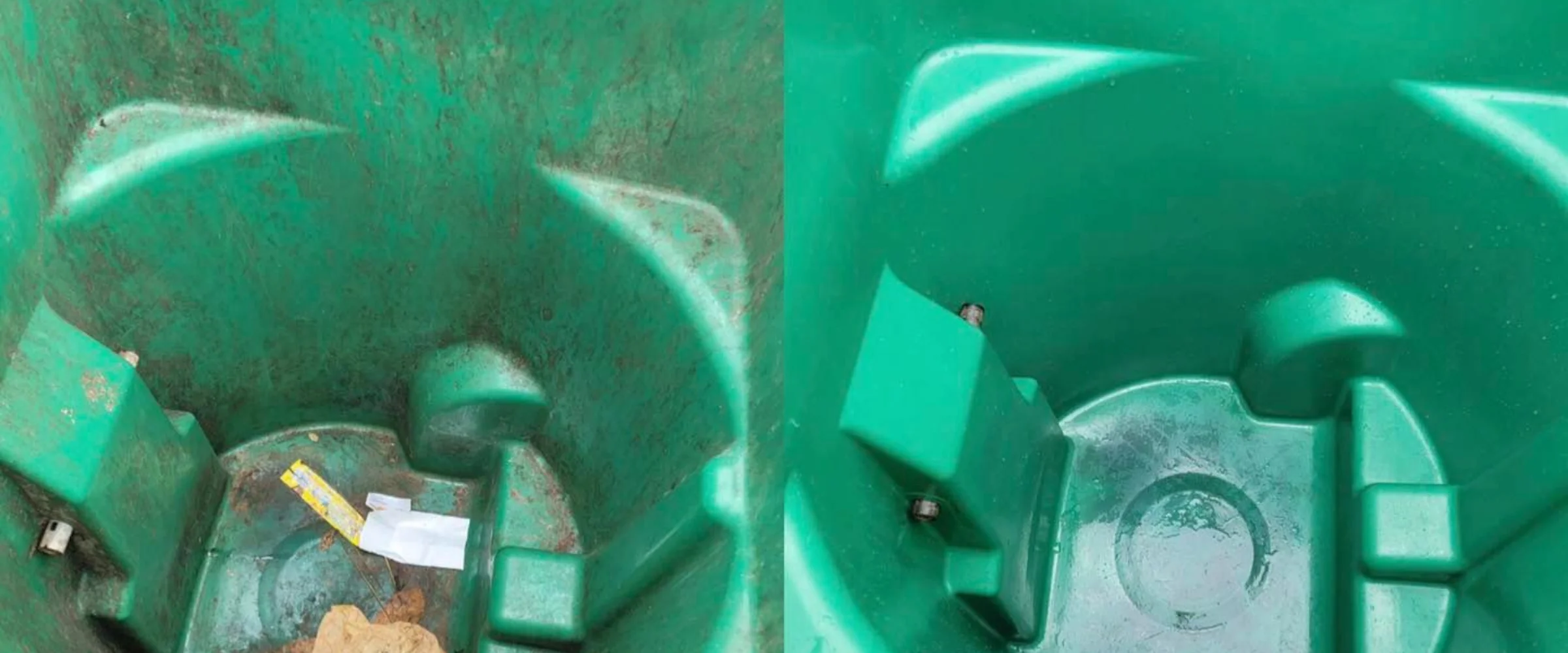 Two green garbage bins with 'Progressive Waste Solutions' branding, one with its lid partially open and a checkered sticker.