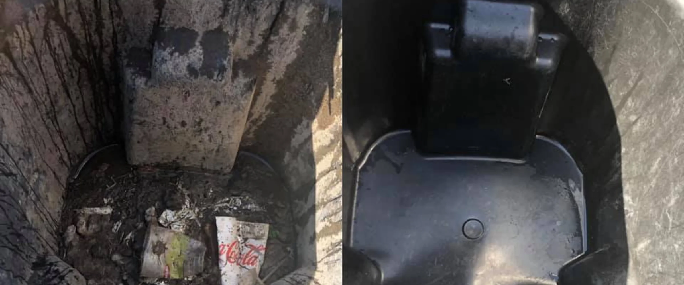 A split image showing a dirty concrete drain with trash on the left, and a clean black plastic basin on the right.