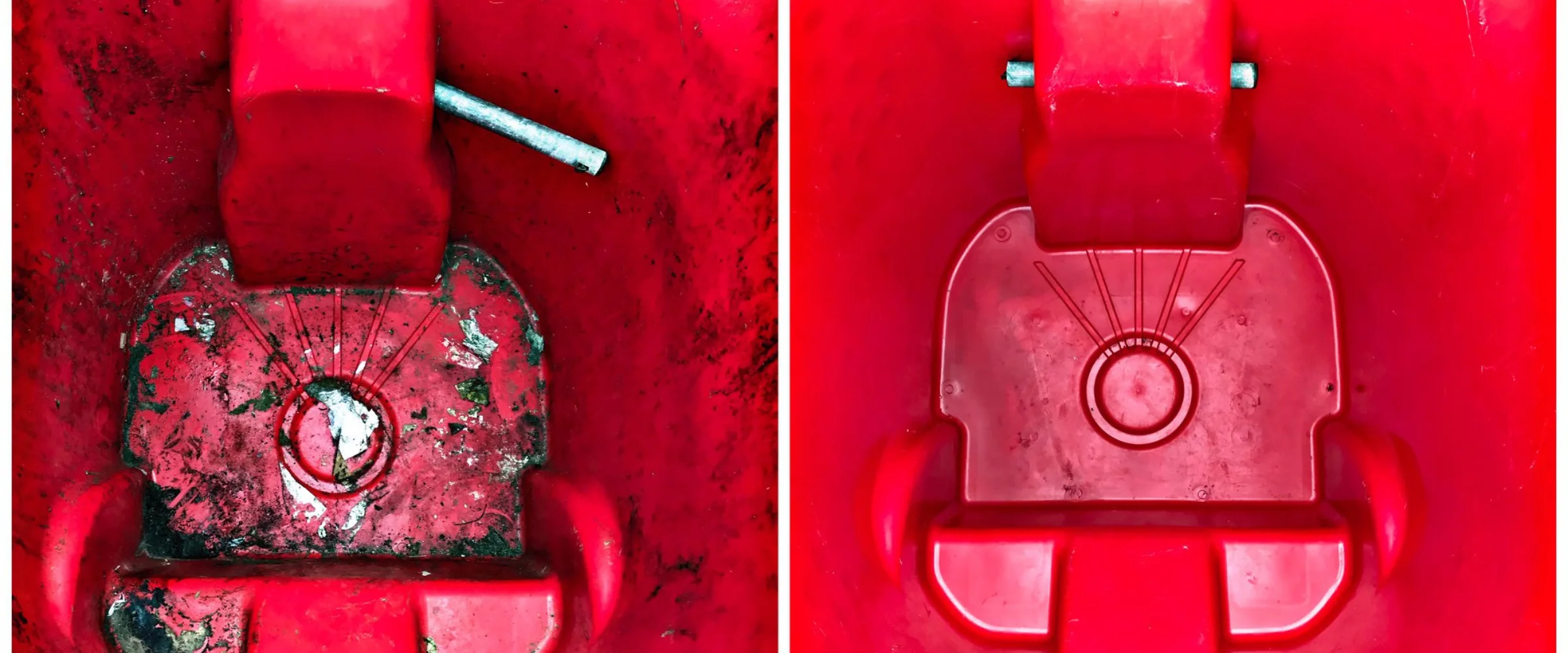 A side-by-side comparison of a red plastic bin's dirty, debris-filled bottom and a clean, new-looking bottom.