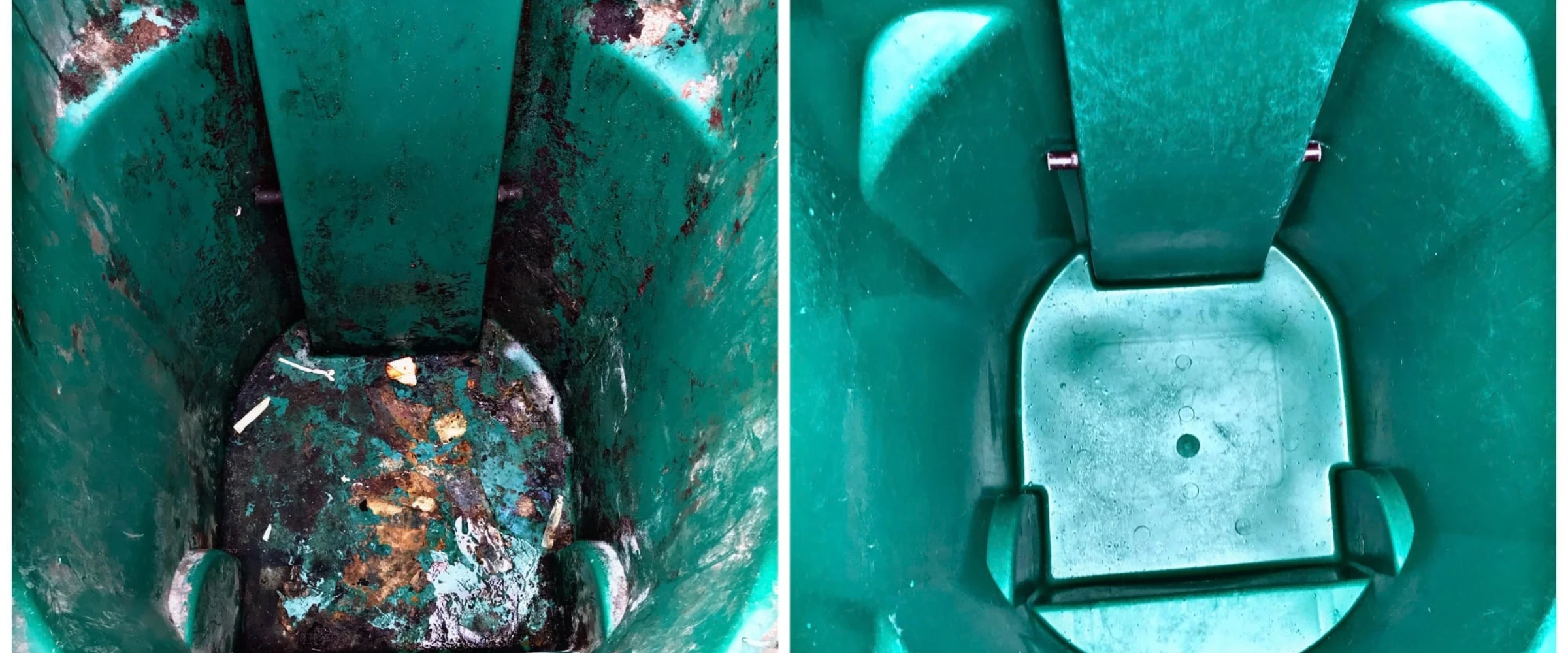 A side-by-side comparison of a filthy green wheelie bin interior on the left and a spotless clean one on the right. A side-by-side comparison of a filthy green wheelie bin interior on the left and a spotless clean one on the right.