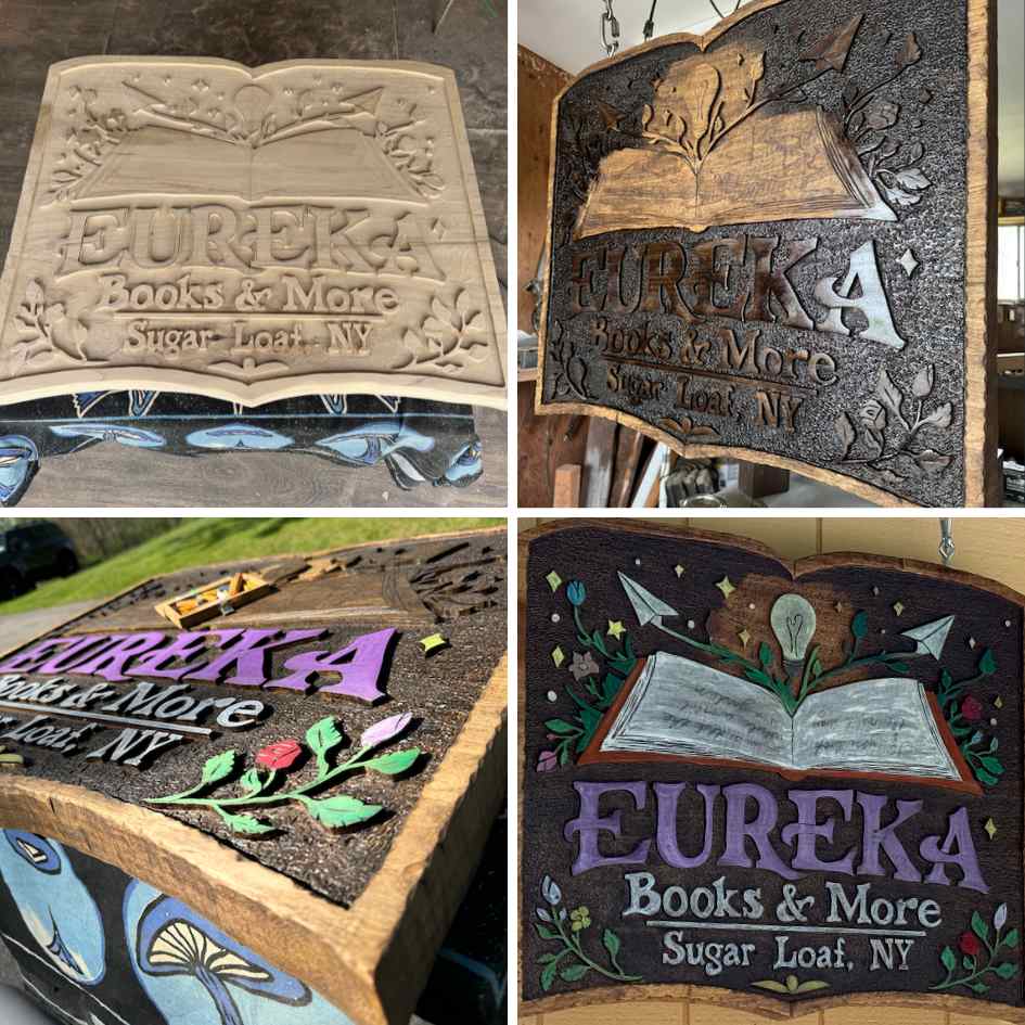 Custom wood carved bookstore sign installed at Eureka Books and More in Sugar Loaf NY