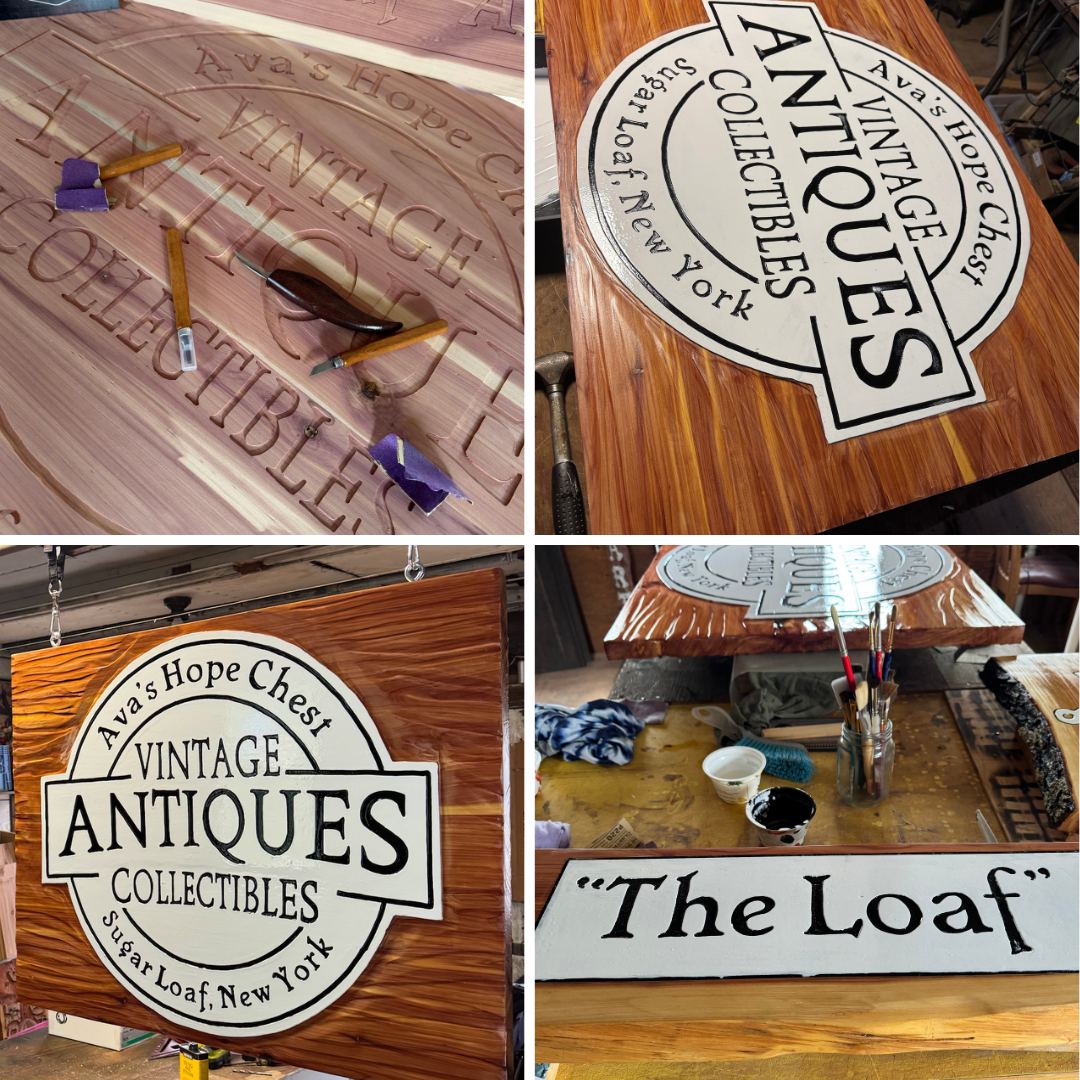 Custom wood sign on Kings Highway at Ava's Hope Chest antique shop, Sugar Loaf NY