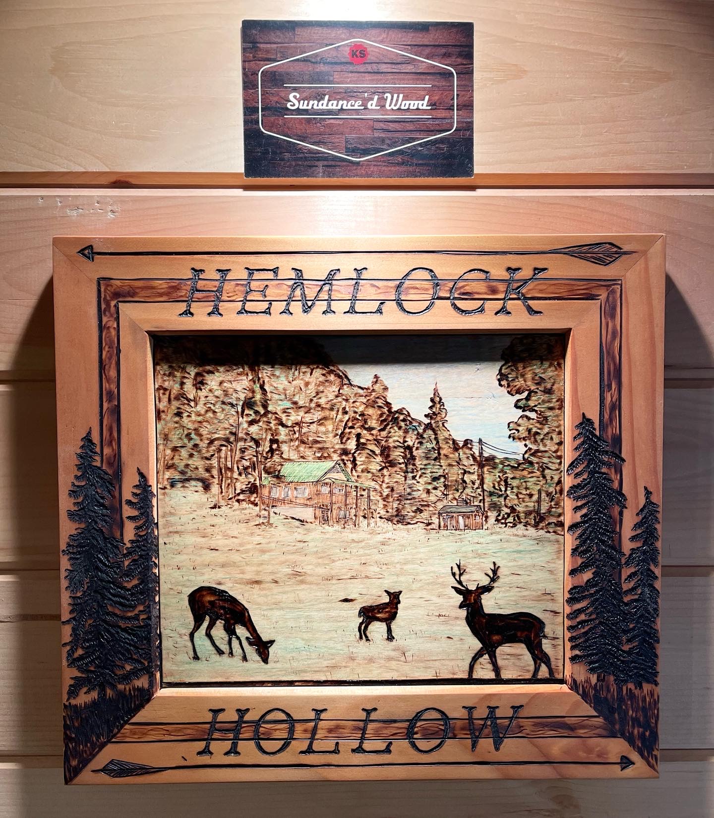 Detailed hand-carved wooden art piece depicting a family camp property landscape, custom commission by Keith at Sundanced Wood in Goshen Detailed hand-carved wooden art piece depicting a family camp property landscape, custom commission by Keith at Sundanced Wood in Goshen