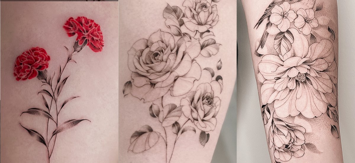 Three healed fine line floral tattoos by Franko Mach