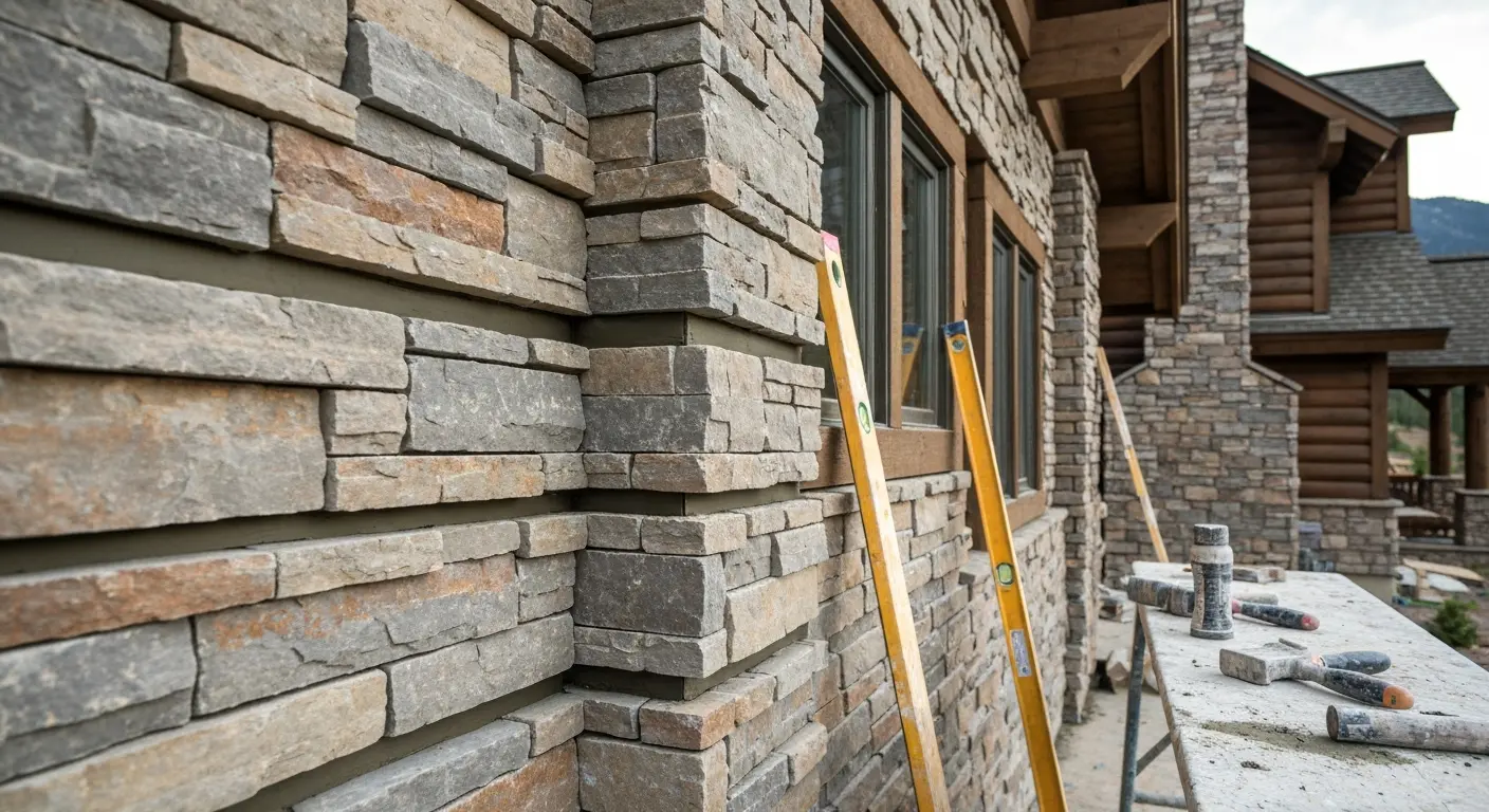 Stone veneer installed on cabin exterior