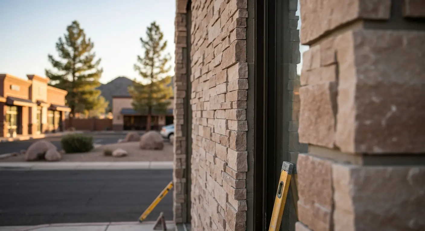 Stone veneer on commercial building