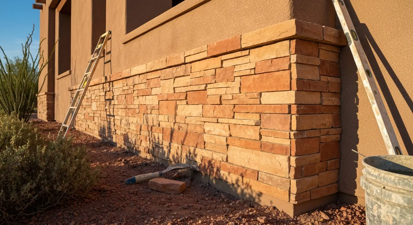 Stone veneer installation on exterior wall
