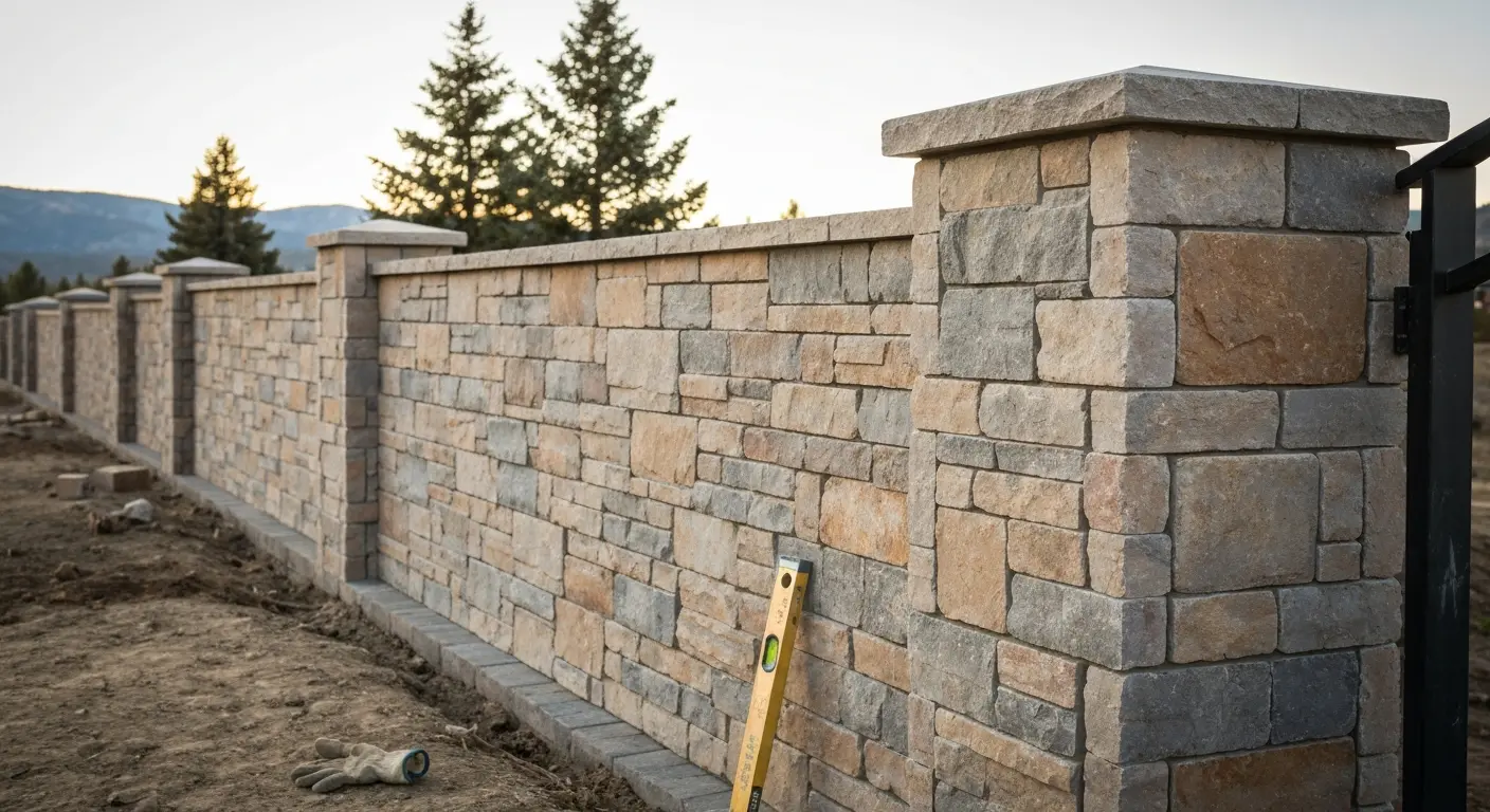 Stone veneer and decorative masonry fence in mountain community