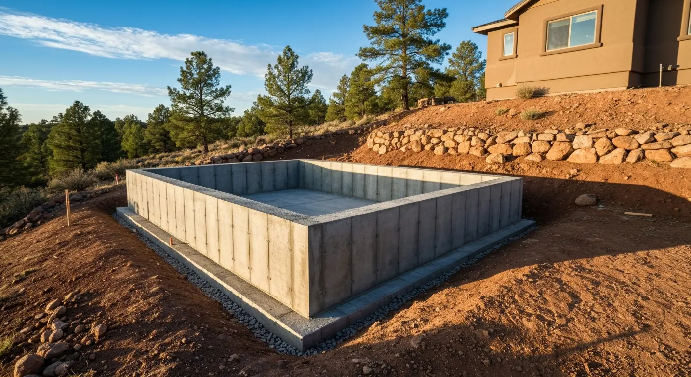 Concrete foundation stemwall on hillside