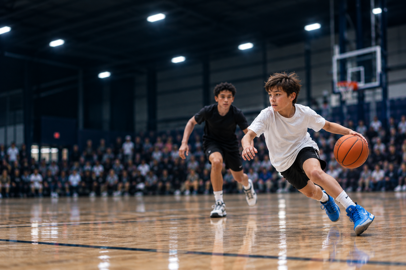 Young player driving to the basket during an indoor training session