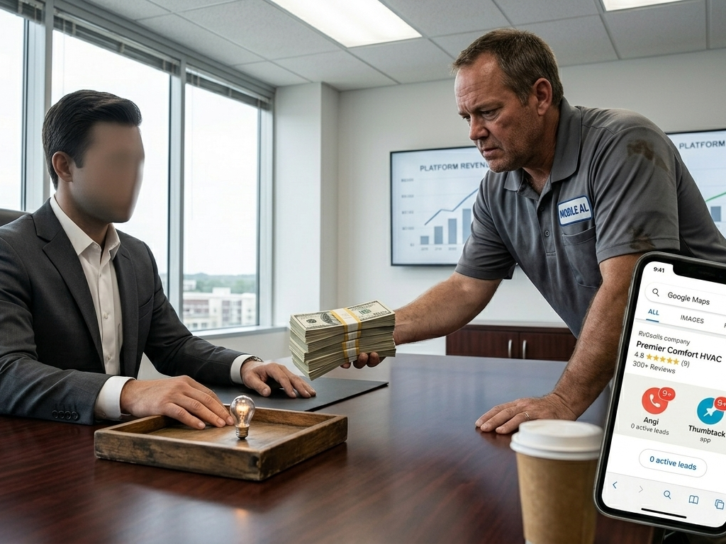 HVAC owner handing money for minimal leads to faceless company