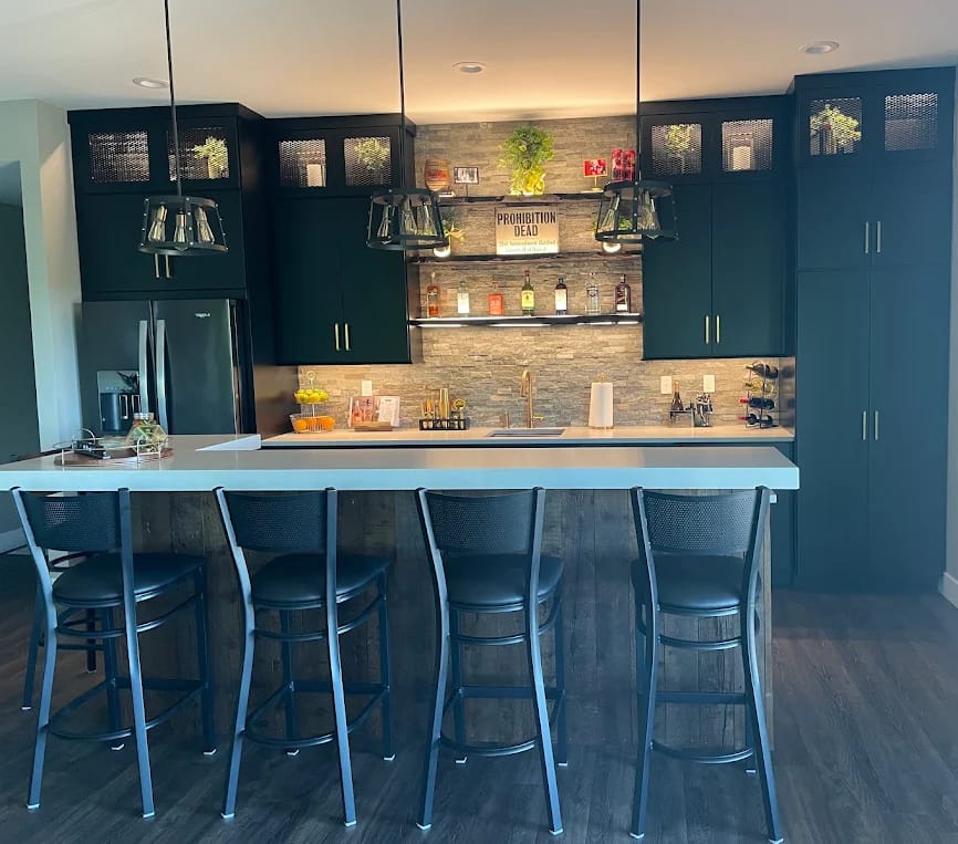 Custom basement bar tile backsplash installation