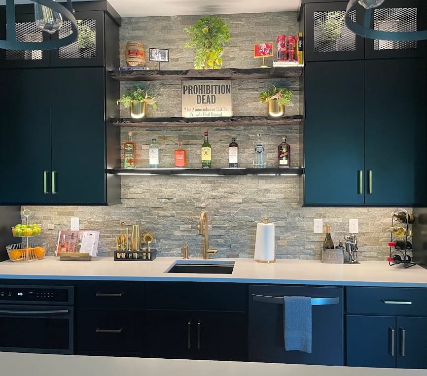 Detail of custom basement bar tile backsplash