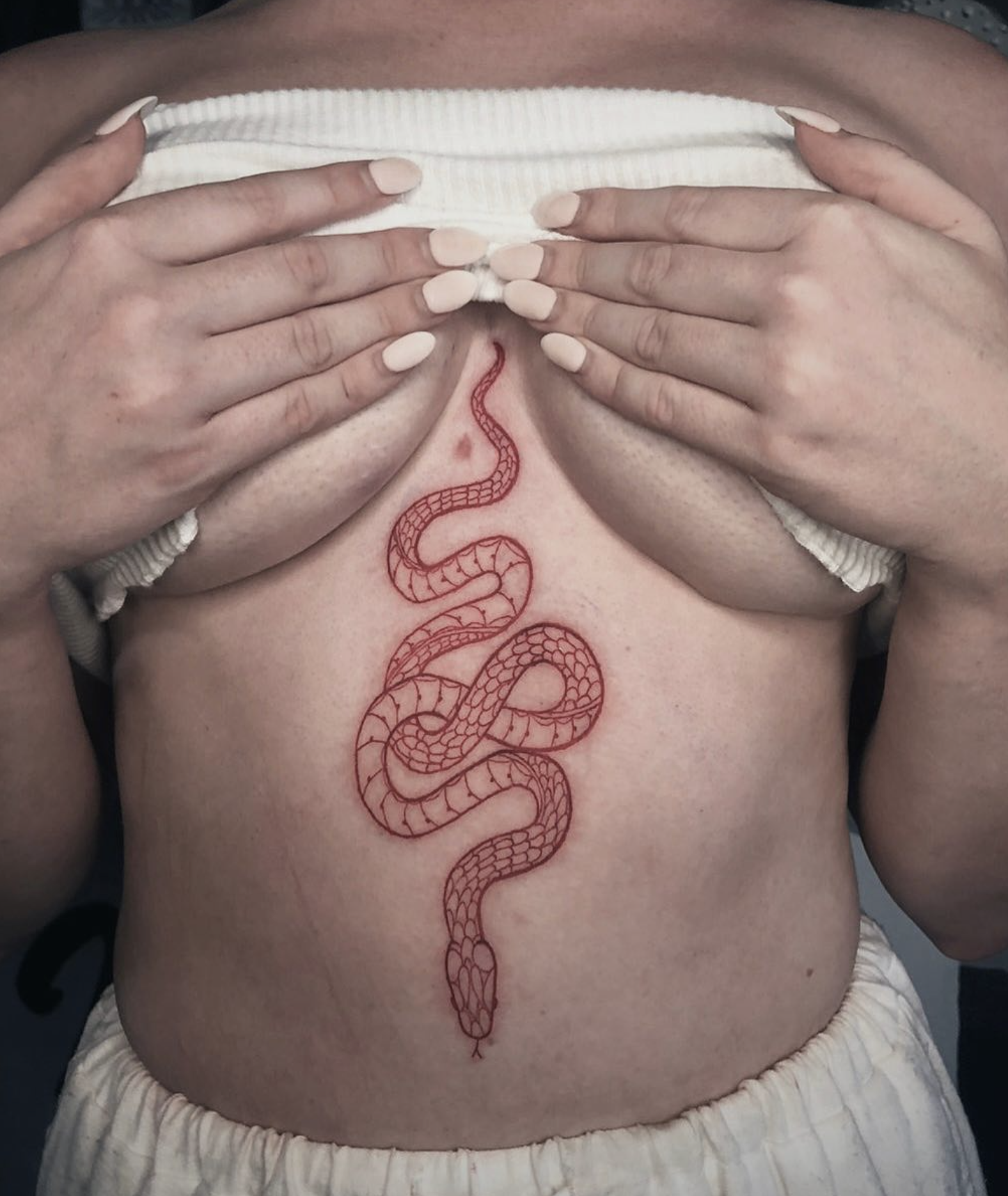 Red fine-line illustrative snake tattoo by a Love Gun artist