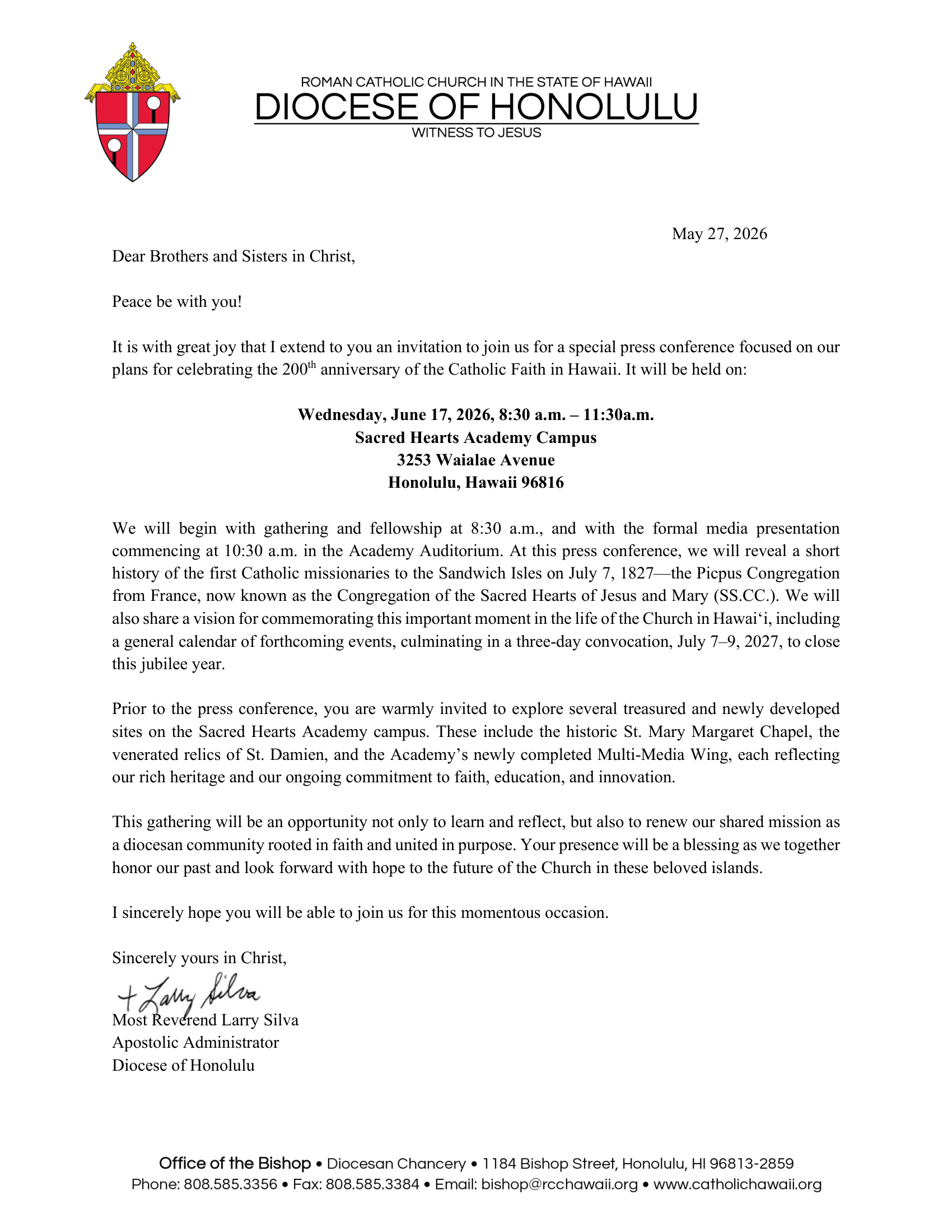 Bishop invitation letter for the Bicentennial Press Conference