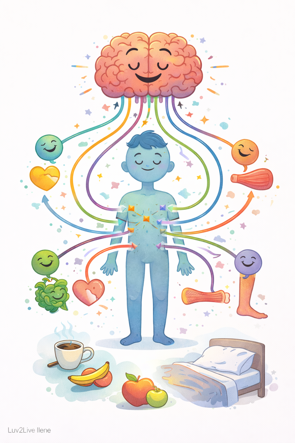 Colorful illustration of brain neurotransmitter communication connecting to the body for energy and focus