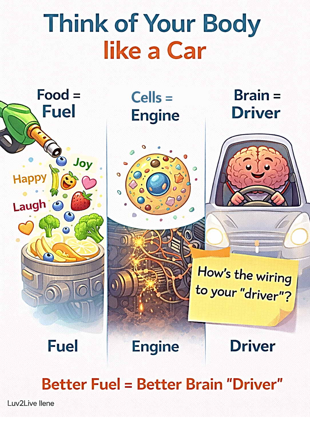 Think of your body like a car infographic showing food equals fuel cells equals engine and brain equals driver for smart energy support