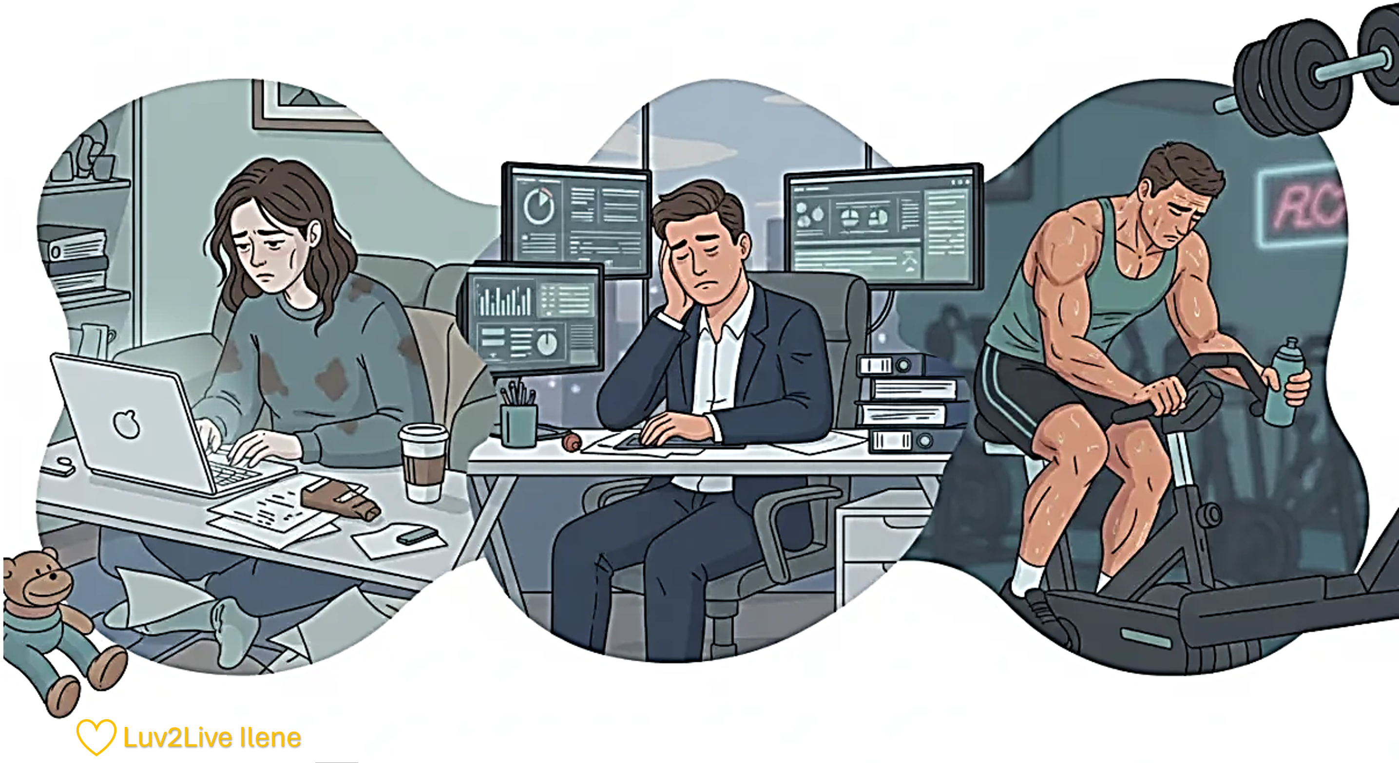 Exhausted mom working at laptop, tired professional man with brain fog at desk, and drained athlete on exercise bike showing energy crashes affect everyone