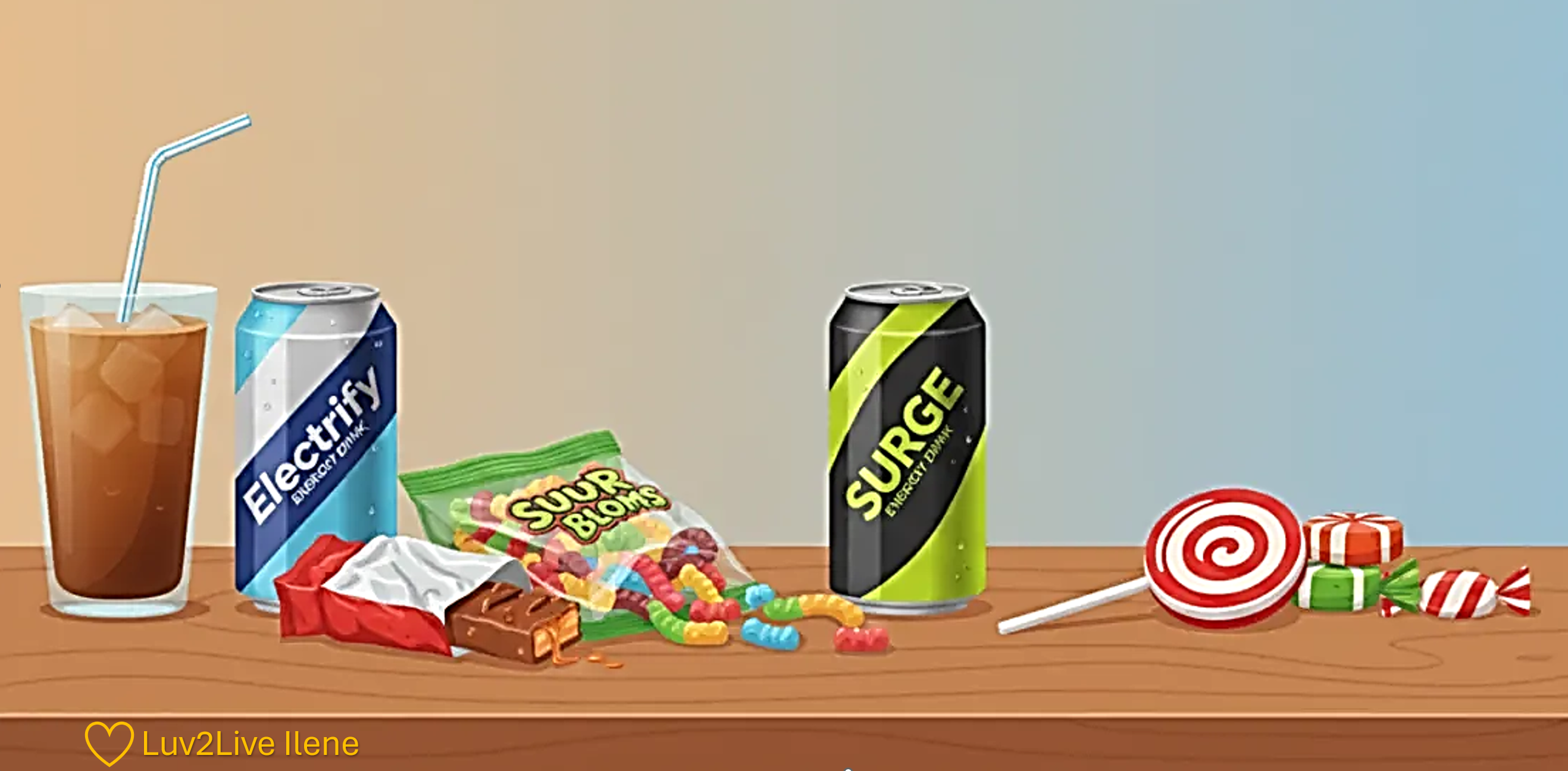 Iced coffee energy drinks candy and sugar snacks lined up on a table representing quick fix energy solutions that cause caffeine and sugar crashes