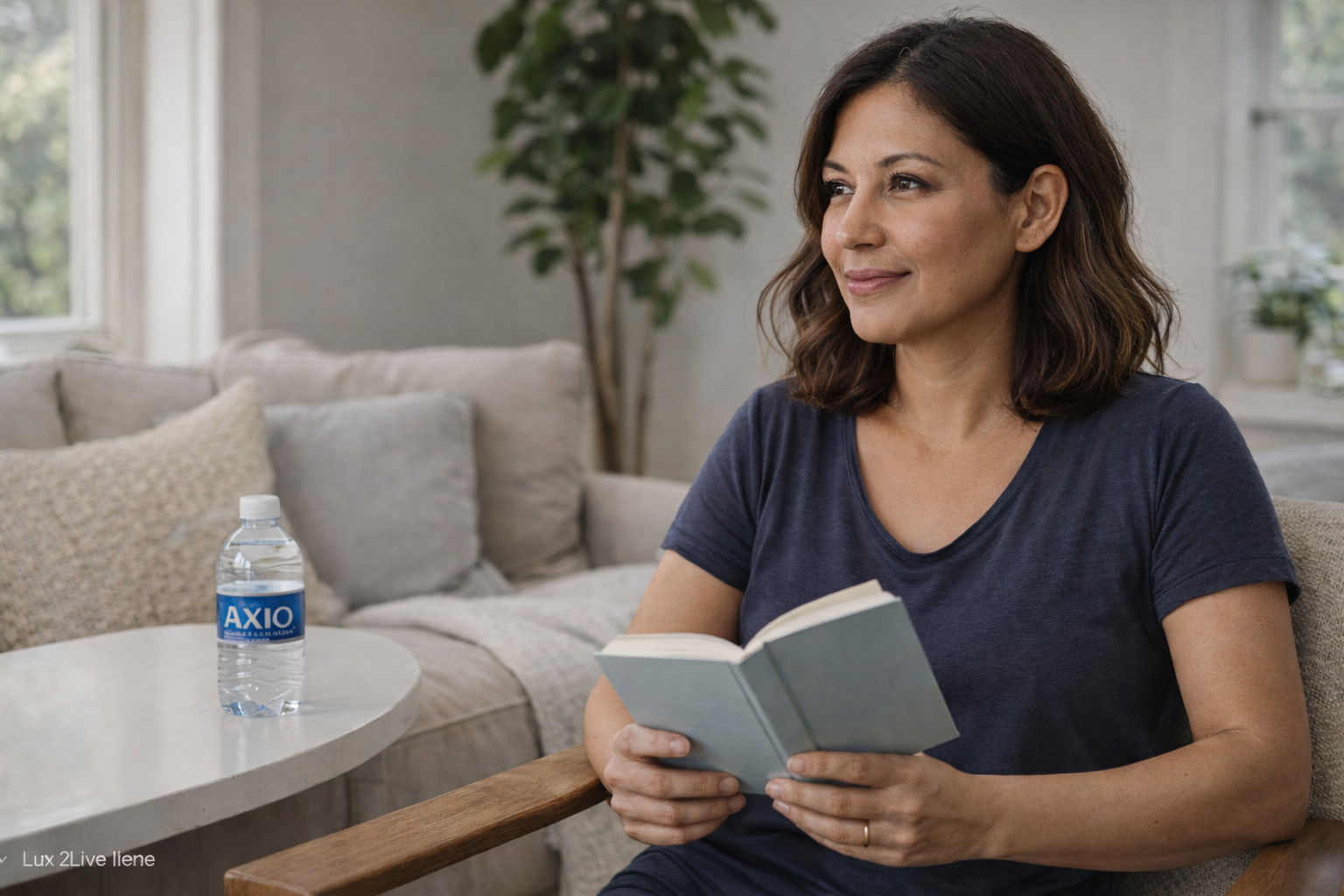 Woman at a desk, calm and focused, natural light