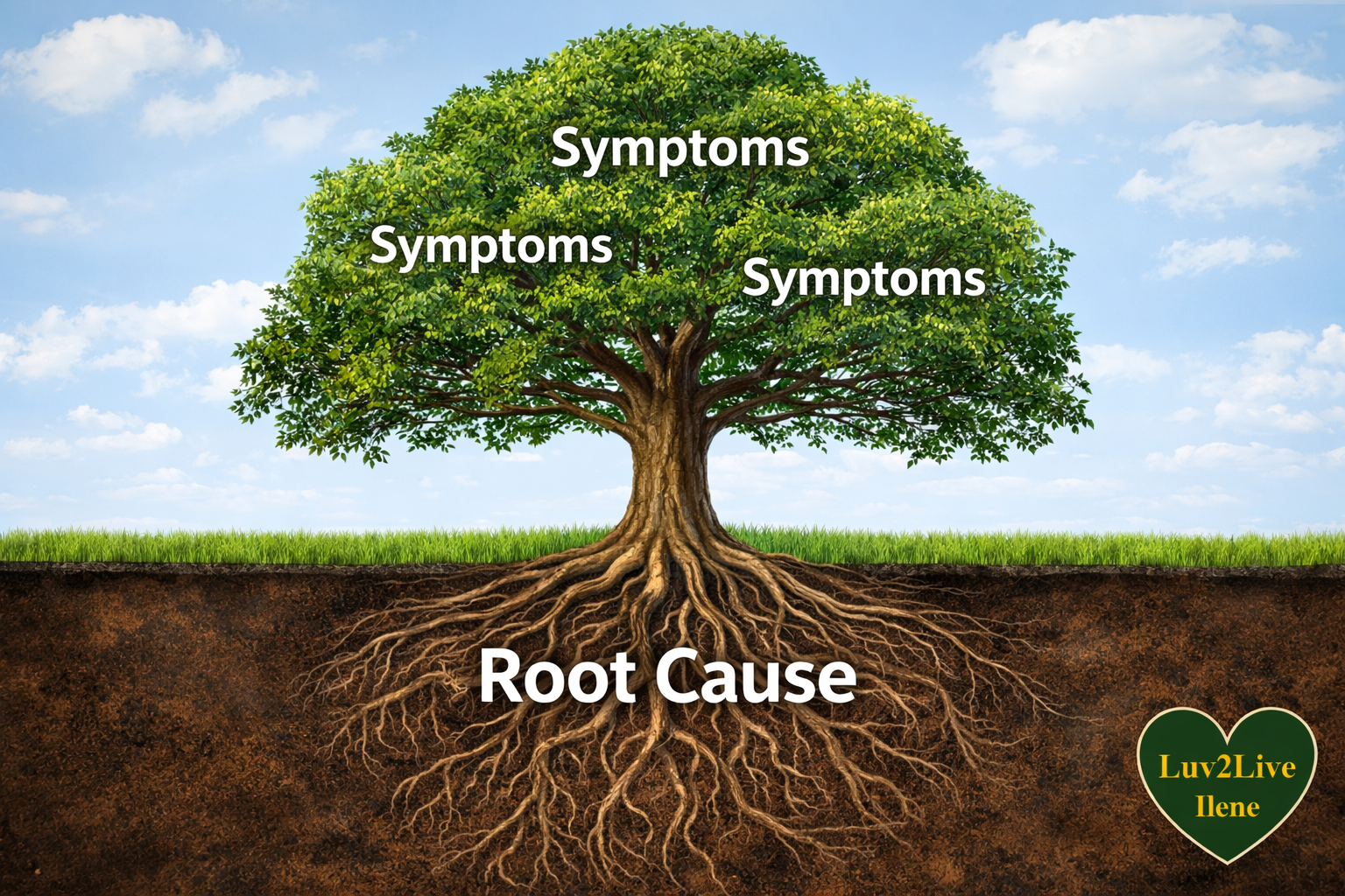 Tree illustration showing symptoms above ground and root cause below, representing addressing health issues at the source instead of surface-level fixes Tree illustration showing symptoms above ground and root cause below, representing addressing health issues at the source instead of surface-level fixes
