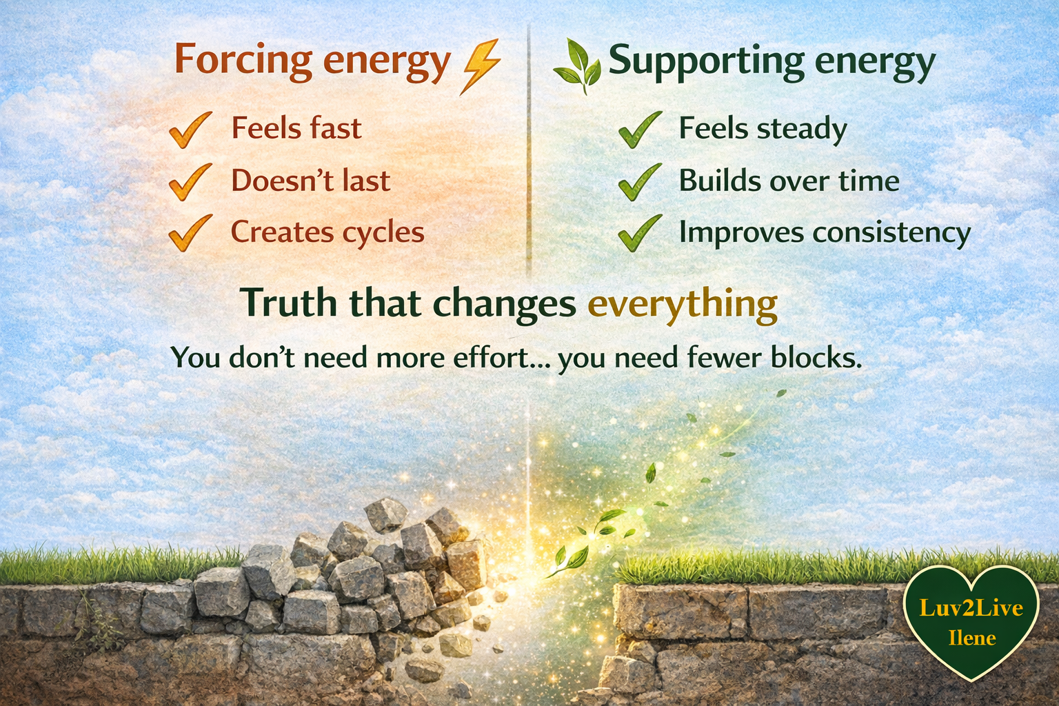 Comparison of forcing energy versus supporting energy showing fast temporary boosts versus steady consistent energy and long-term wellness results Comparison of forcing energy versus supporting energy showing fast temporary boosts versus steady consistent energy and long-term wellness results