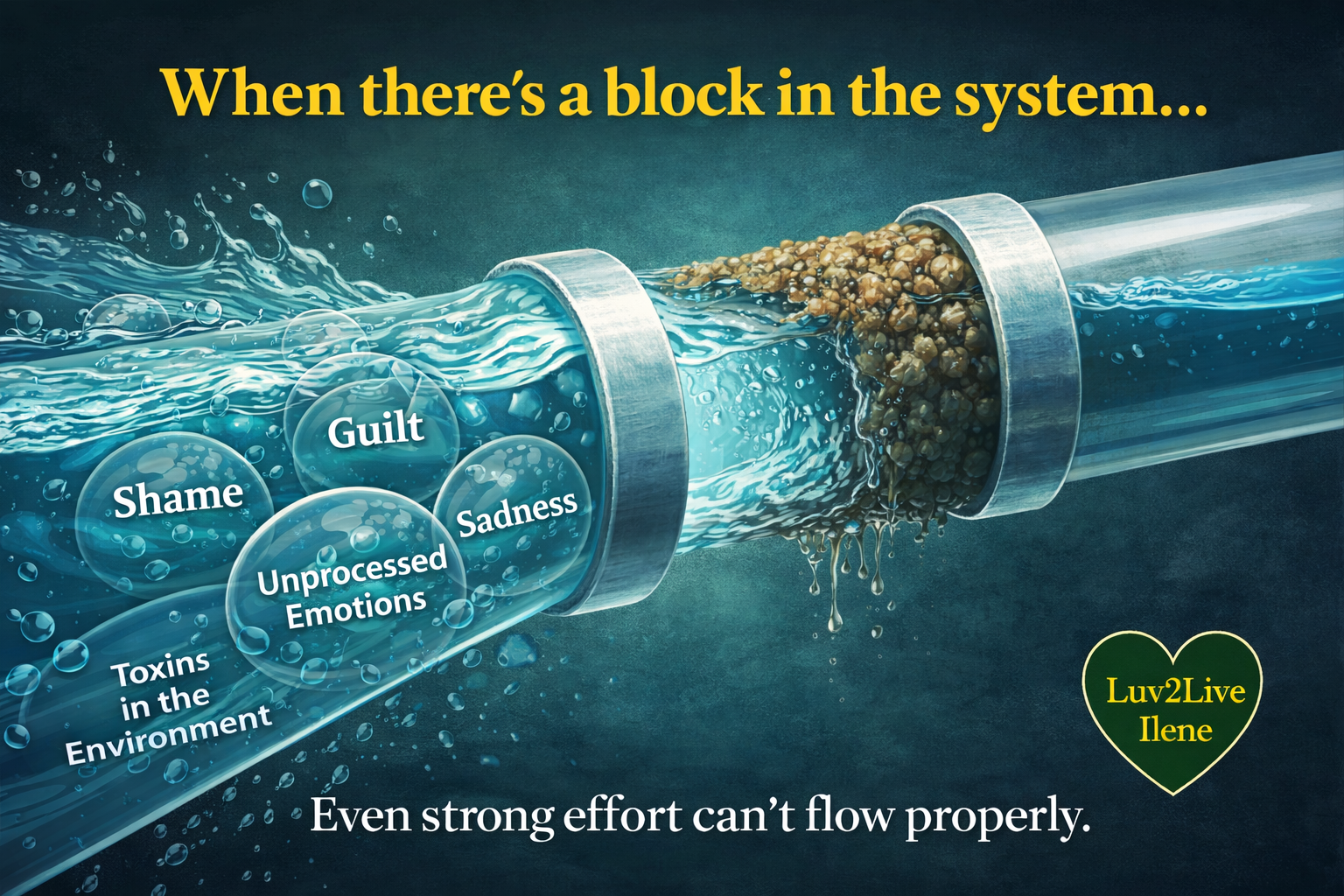 Blocked system causing slow progress with pipe illustration showing buildup of unprocessed emotions and environmental toxins, Luv2Live Ilene Blocked system causing slow progress with pipe illustration showing buildup of unprocessed emotions and environmental toxins, Luv2Live Ilene