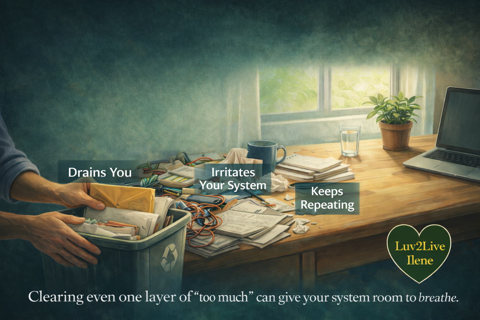 Person gently clearing items off a cluttered desk, leaving only a few essentials, soft natural light and calm atmosphere Person gently clearing items off a cluttered desk, leaving only a few essentials, soft natural light and calm atmosphere