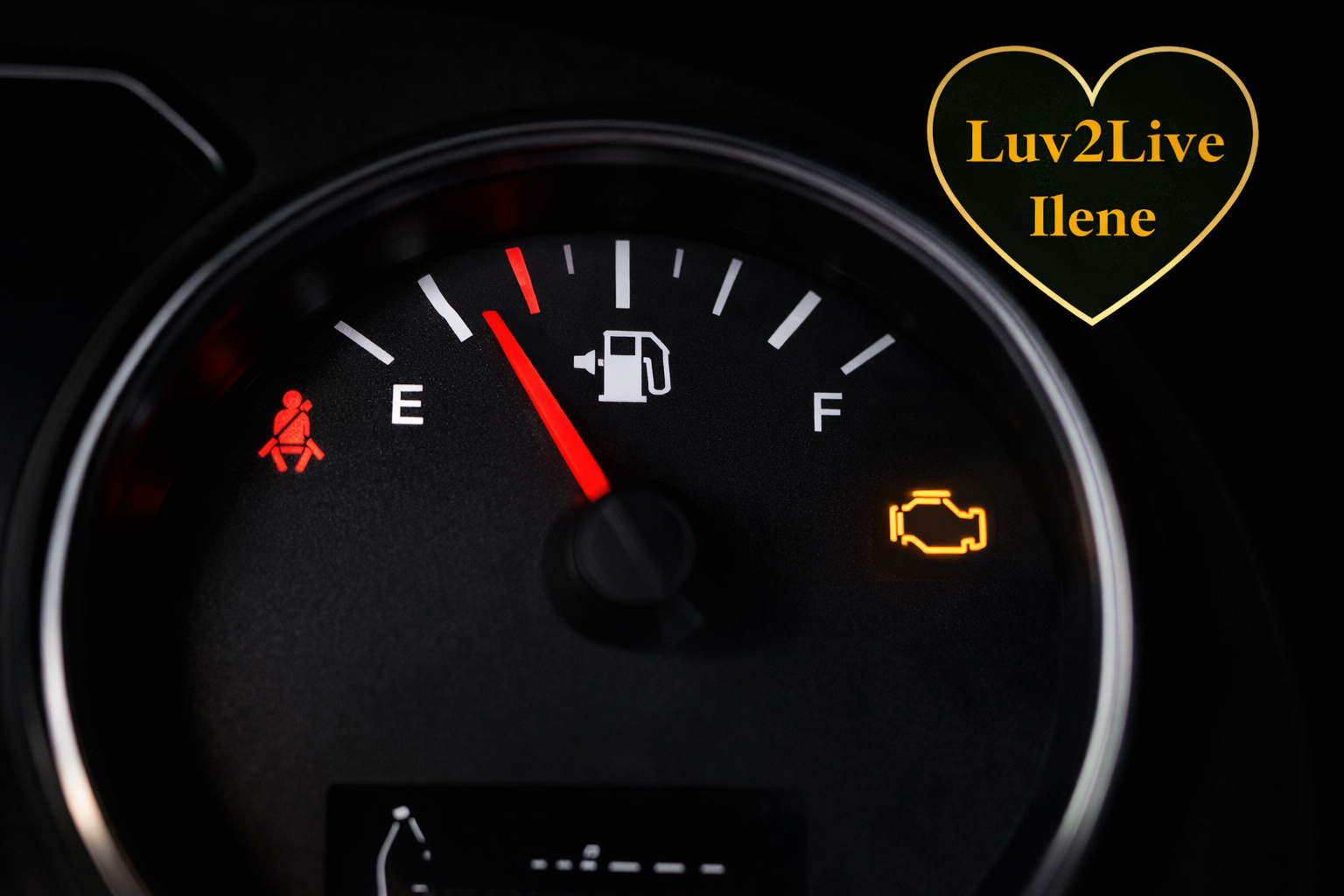 Car dashboard showing low fuel warning light, representing low energy and running on empty