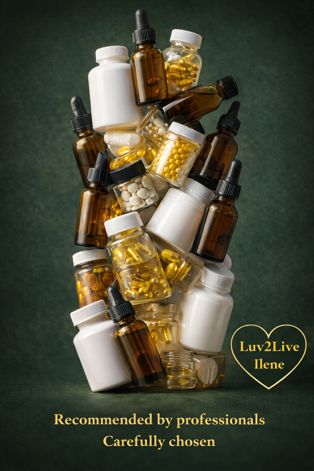 Stack of supplement bottles and tinctures labeled recommended by professionals and carefully chosen, representing overwhelm and multiple wellness products