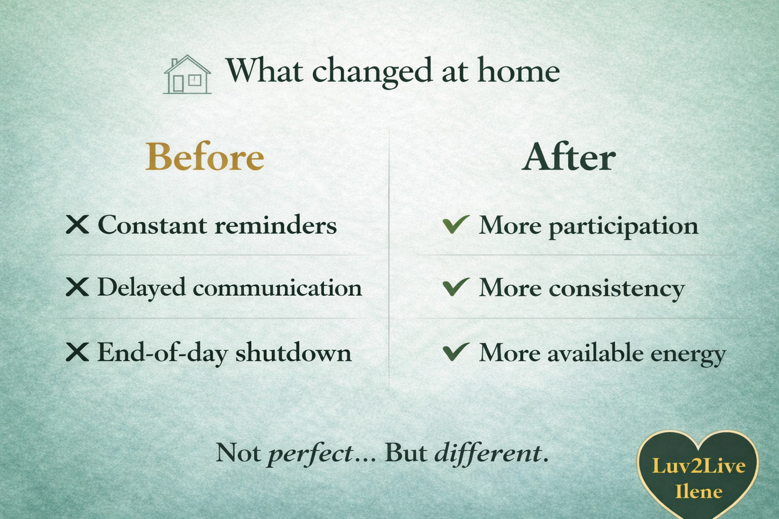Before and after comparison showing changes at home including improved participation, consistency, and energy after reducing internal blocks