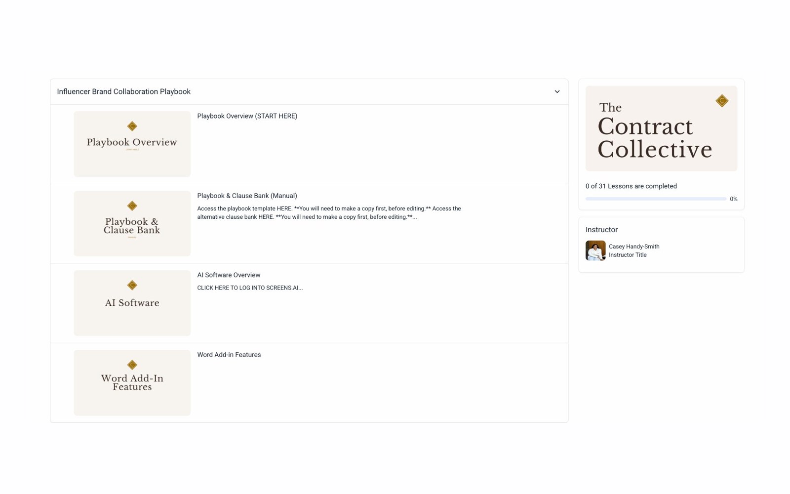 The Contract Collective membership course library with AI software lesson access