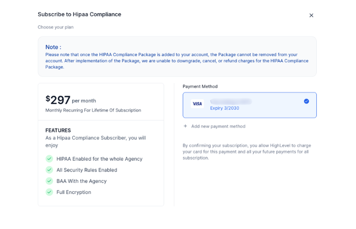 HighLevel HIPAA compliance subscription with signed BAA and full encryption