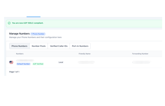 A2P 10DLC compliant status confirmed on the registered business number