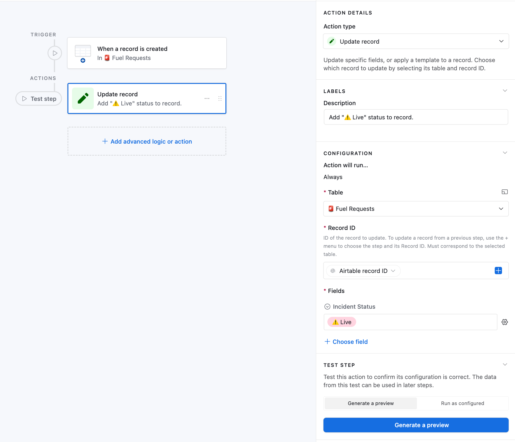 New request auto-set to live with driver tracking feeding the master table