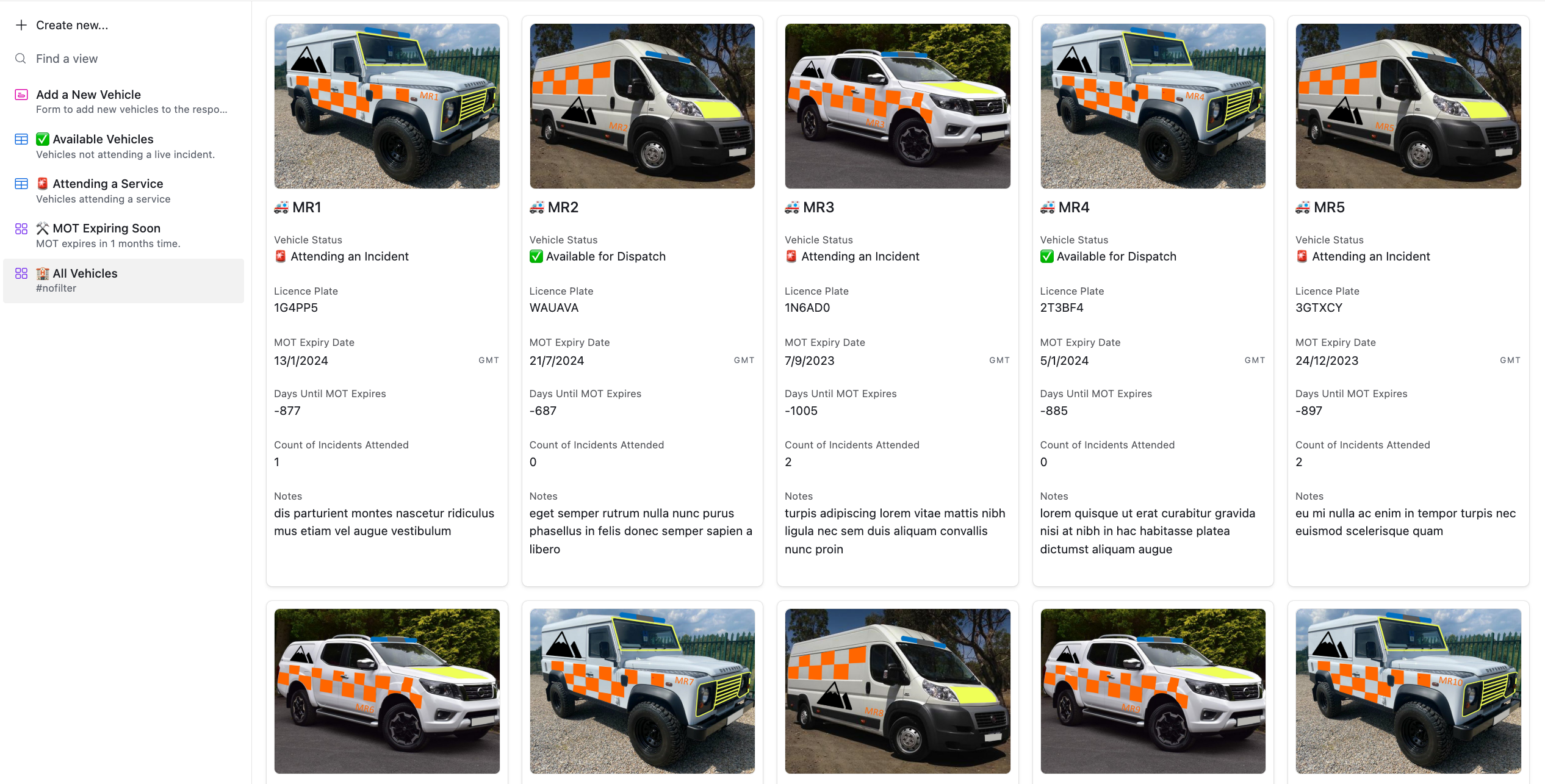 Fleet table tracking live vehicle availability and registration timelines