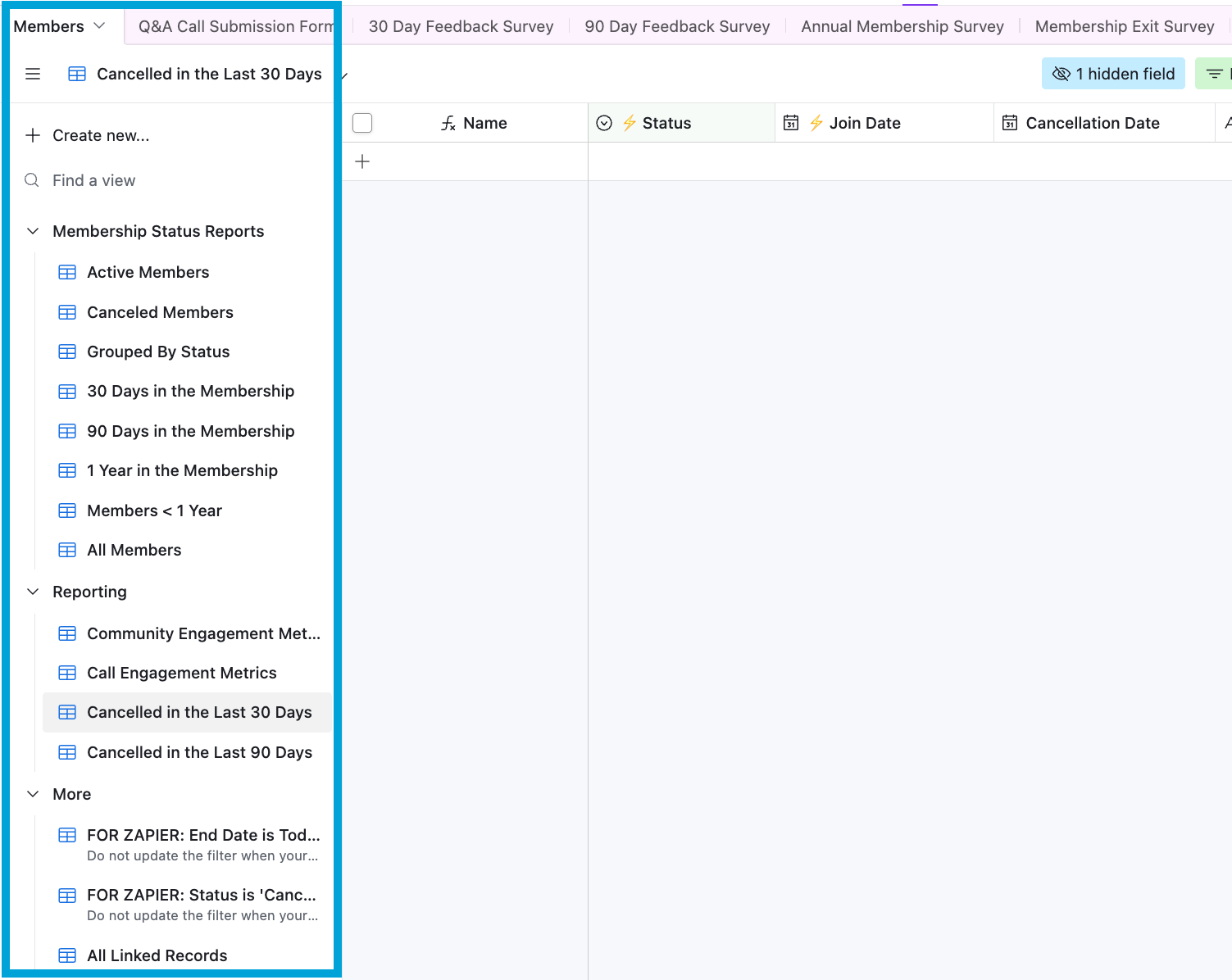 Master member table segmented into active, trial, and canceled views