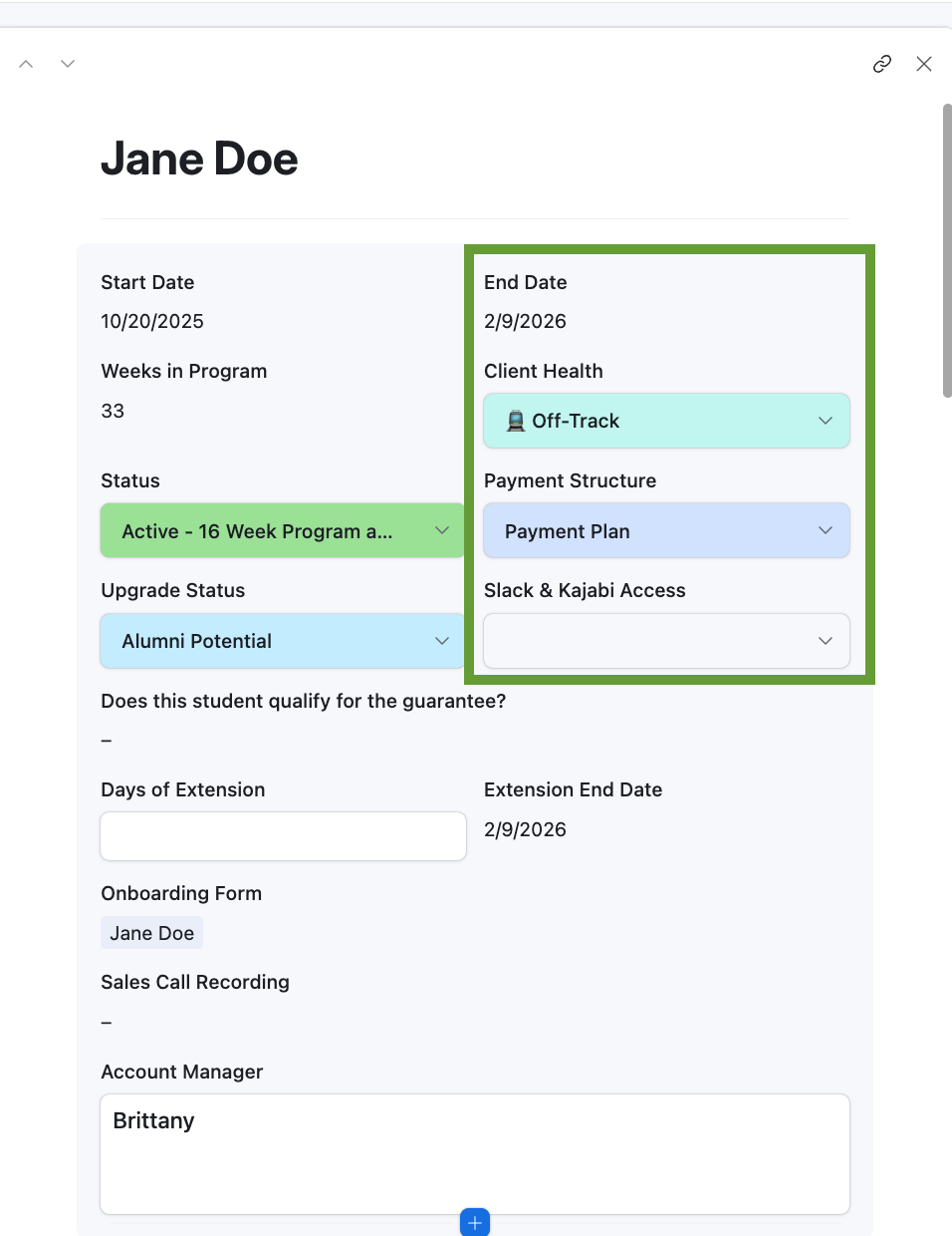 Client record tracking activation points and health status