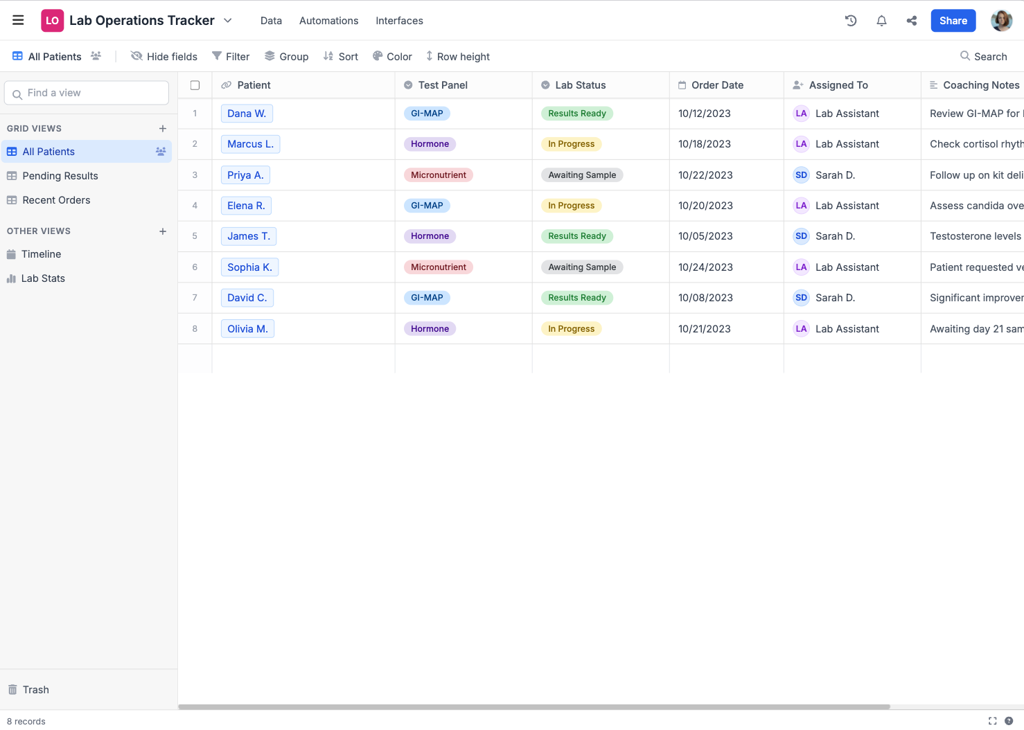 Airtable clinical lab operations tracker with patient lab status by record