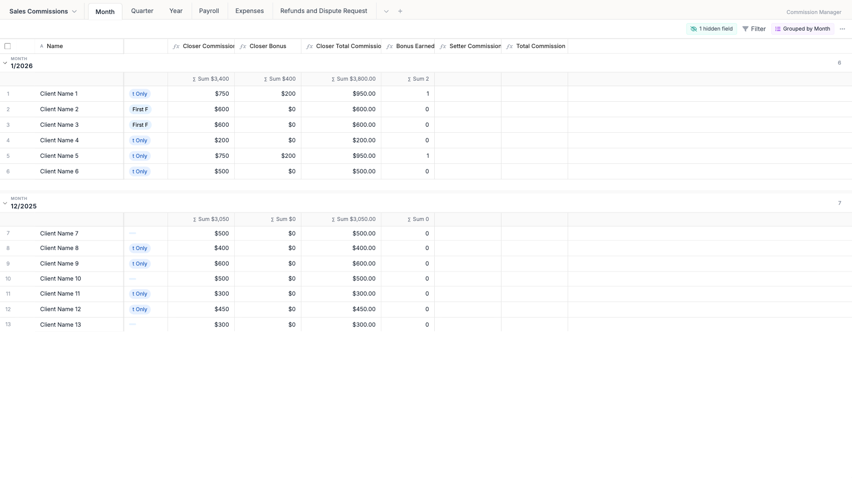 Three Airtable commission trackers for closers, setters, and managers