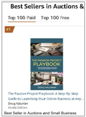 Amazon screenshot showing The Passion Project Playbook ranked #1 Best Seller in Auctions and Small Business.