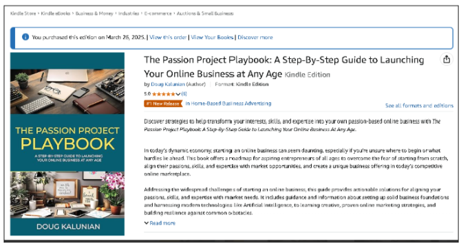 Amazon screenshot showing The Passion Project Playbook ranked #1 New Release in Home-Based Business Advertising.