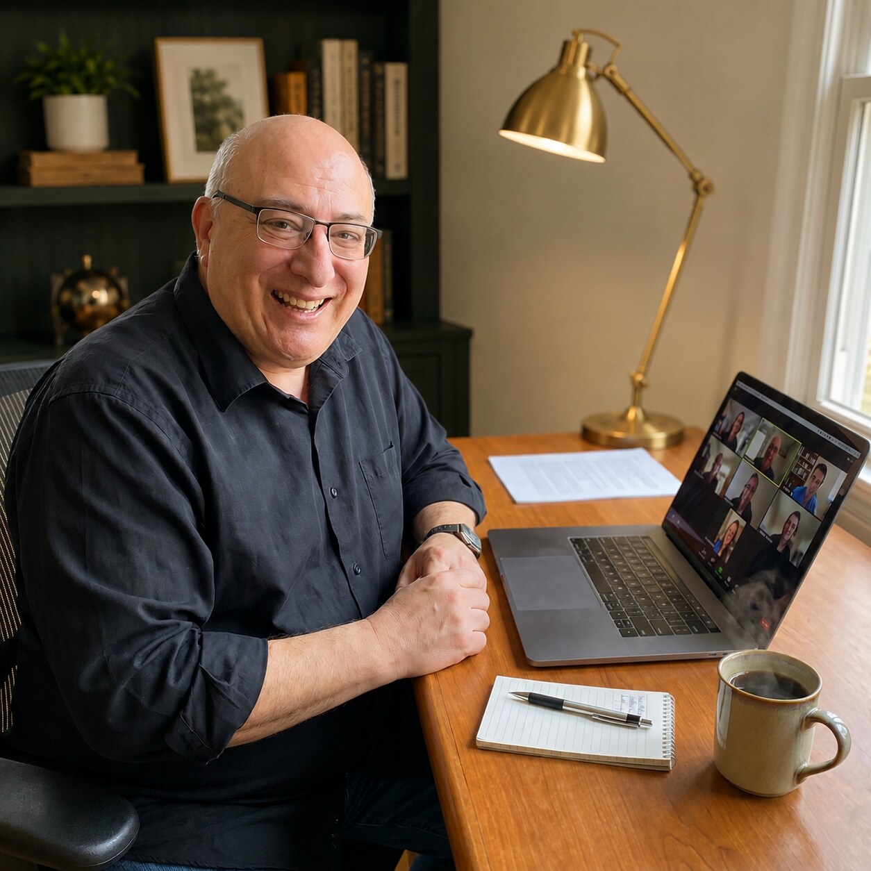 Doug smiling at his desk during an online meeting