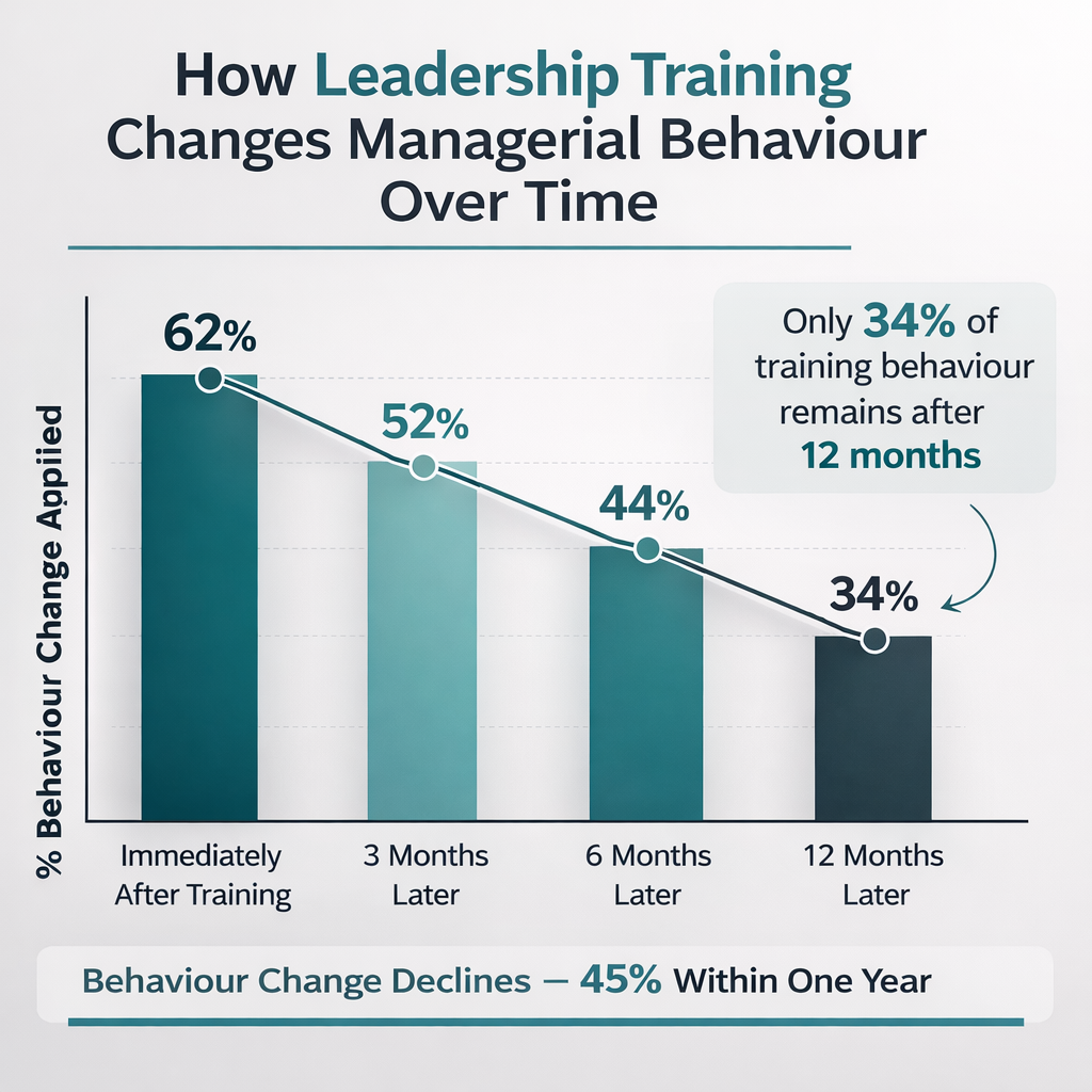 Leadership training behaviour change declining from 62% immediately after training to 34% after 12 months. Leadership training behaviour change declining from 62% immediately after training to 34% after 12 months.