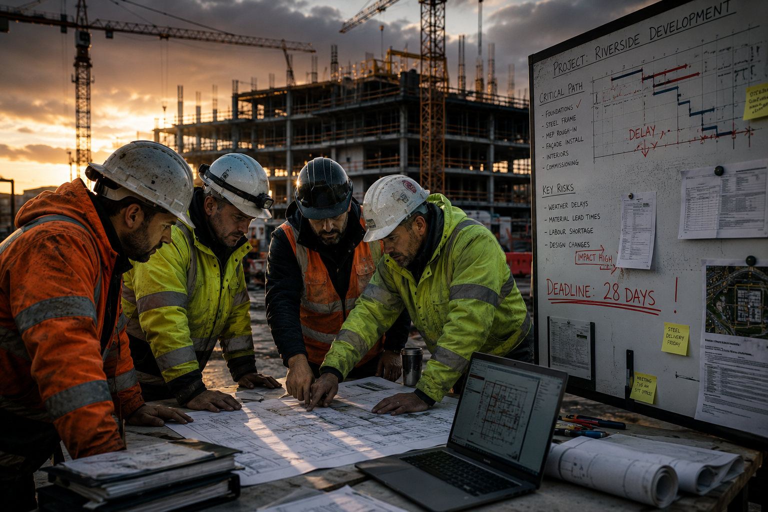 Operational team working under pressure in a construction and manufacturing environment