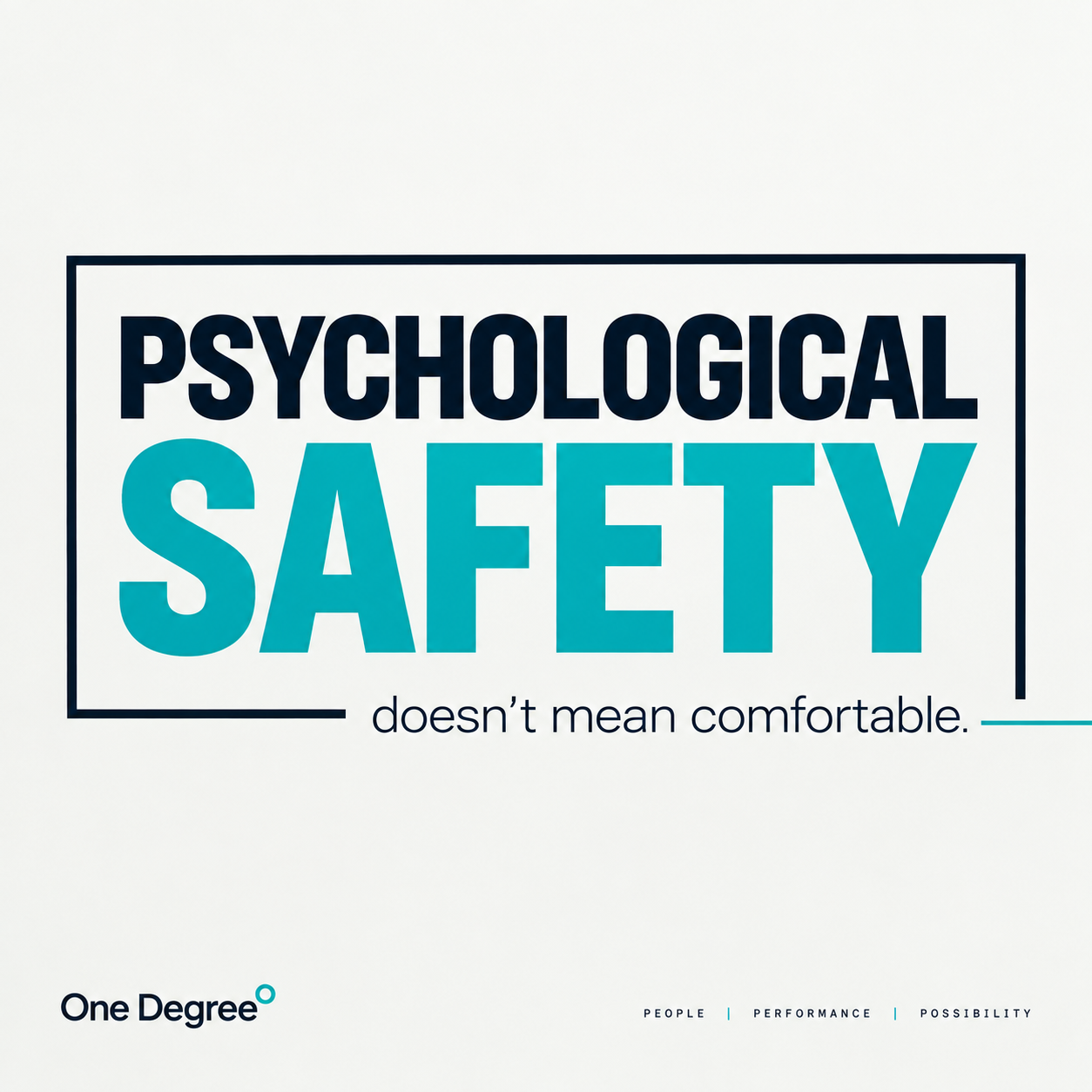 Graphic reading: Psychological Safety doesn’t mean comfortable. Logo for One Degree - People, Performance, Possibility. Graphic reading: Psychological Safety doesn’t mean comfortable. Logo for One Degree - People, Performance, Possibility.