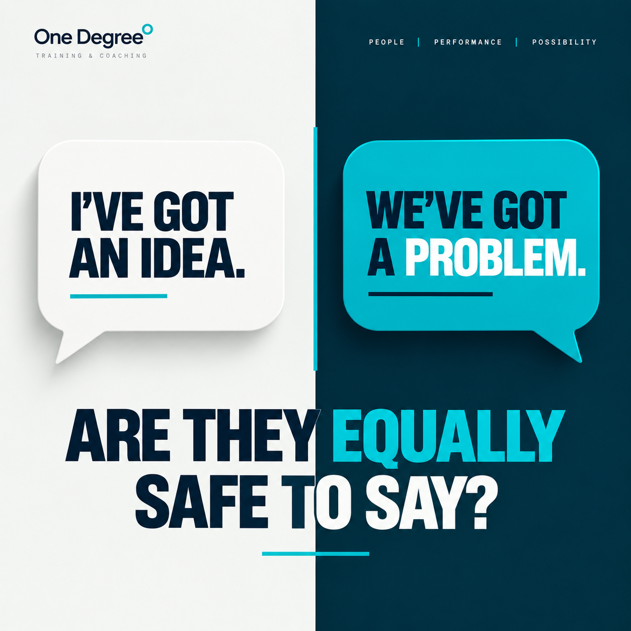 Graphic comparing a white speech bubble reading "I’ve got an idea." and a blue speech bubble reading "We’ve got a problem." with the text: Are they equally safe to say? One Degree logo. Graphic comparing a white speech bubble reading "I’ve got an idea." and a blue speech bubble reading "We’ve got a problem." with the text: Are they equally safe to say? One Degree logo.